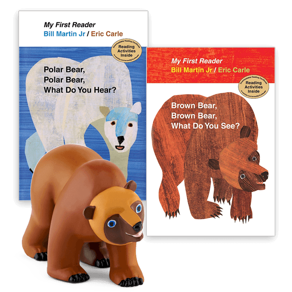 A collection featuring two Eric Carle books, 'Polar Bear, Polar Bear, What Do You Hear?'' and 'Brown Bear, Brown Bear, What Do You See?'', accompanied by a brown bear figurine.
