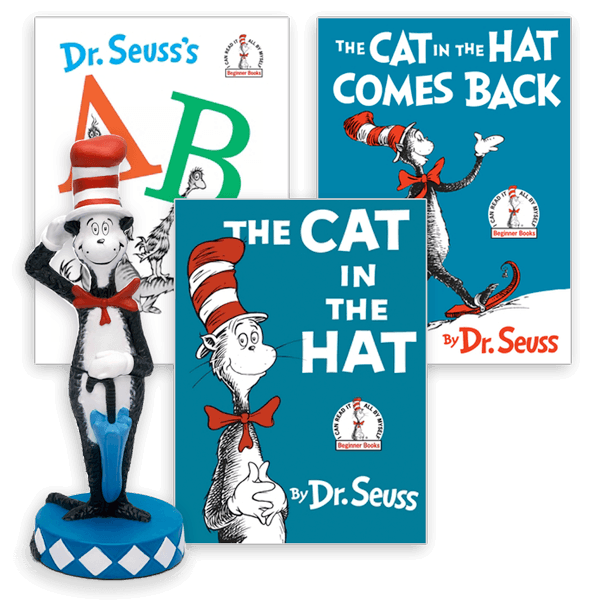 A Dr. Seuss collection featuring 'The Cat in the Hat,'' 'The Cat in the Hat Comes Back,'' and 'Dr. Seuss&rsquo;s ABC' books, along with a figurine of the Cat in the Hat holding a blue umbrella.