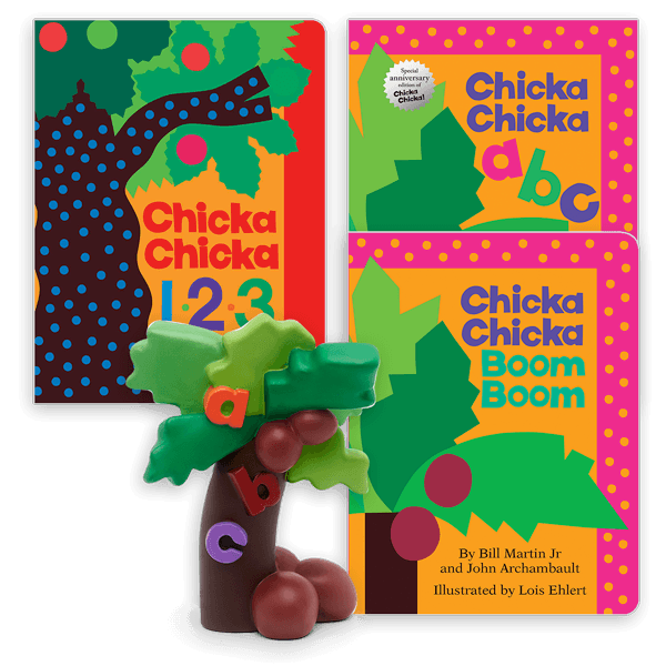 A 'Chicka Chicka Boom Boom' themed set including the books 'Chicka Chicka Boom Boom,' 'Chicka Chicka ABC,' and 'Chicka Chicka 123,' paired with a toy coconut tree figurine with 'a,' 'b,' and 'c' letters on it.