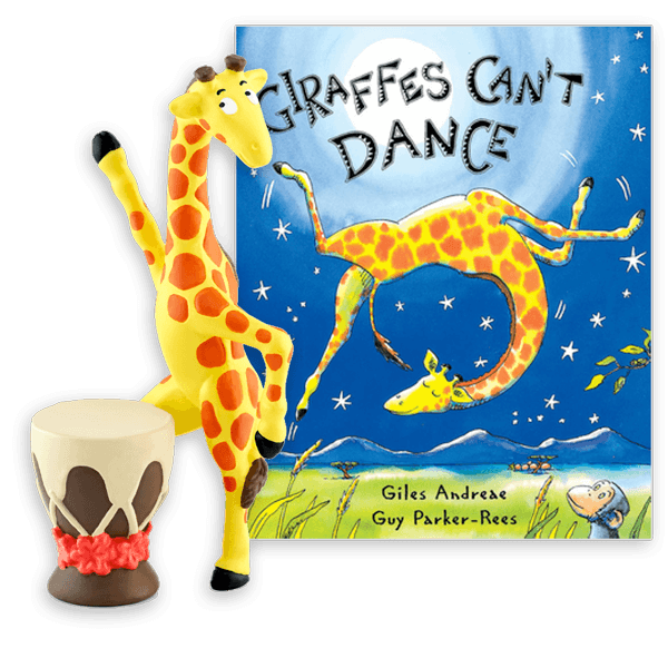 A set for 'Giraffes Can't Dance' by Giles Andreae, featuring the hardcover book and a figurine of Gerald the Giraffe dancing next to a small drum.