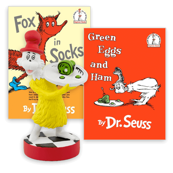 A Dr. Seuss 'Green Eggs and Ham' themed set including the books 'Green Eggs and Ham' and 'Fox in Socks,' paired with a figurine of Sam-I-Am holding a platter of green eggs and ham.
