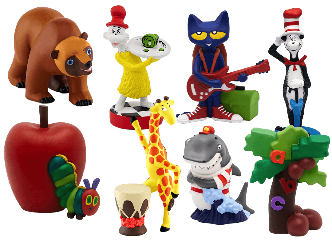Top row: A large brown bear, Sam-I-Am holding a platter of green eggs and ham, Pete the Cat playing a red guitar, and the Cat in the Hat with a blue umbrella.
Bottom row: The Very Hungry Caterpillar crawling next to a large red apple, Gerald the Giraffe dancing by a drum, Clark the Shark in a striped shirt, and the Chicka Chicka Boom Boom coconut tree with 'a-b-c' letters.