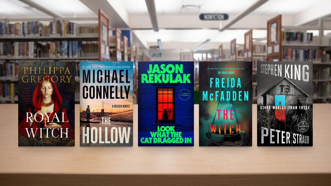 Five adult fiction books displayed on a library table under a "Nonfiction" sign: Royal Witch, The Hollow, Look What the Cat Dragged In, The Witch, Other Worlds Than These.