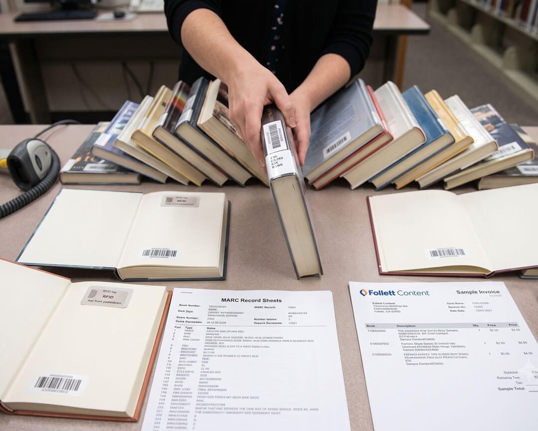 Hand holding a book with barcode and label amid other stacked library books, MARC Record Sheets and a Follett Content sample invoice on the table.