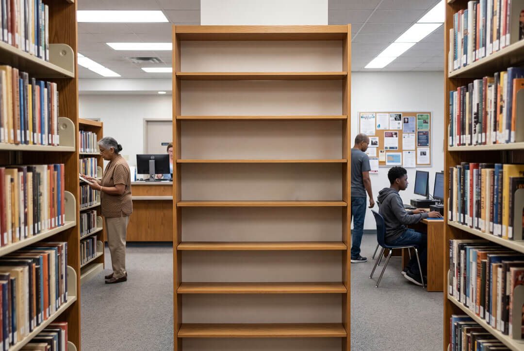 Empty wooden bookshelf stands between rows of filled bookshelves in a public library with a woman reading on the left and two men using computers on the right.